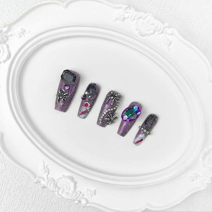 2025 Medium Handmade Nail Art Reusable PMMA Acrylic Press-on Nail Art Premium Purple Fake Nails with Spider Rhinestone Decoration Gifts for Women (Sequin Purple, Medium)