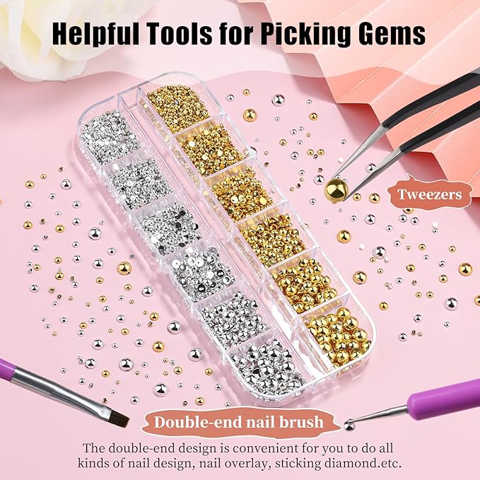 Gold and Silver Nail Charms and Gems, 1.5-5mm Half Round Flatback Nail Pearls Ball Beads Silver Gold Pearls for Nails with Pickup Pencil and Tweezers (12-K1-half-pearls-gold-silver)
