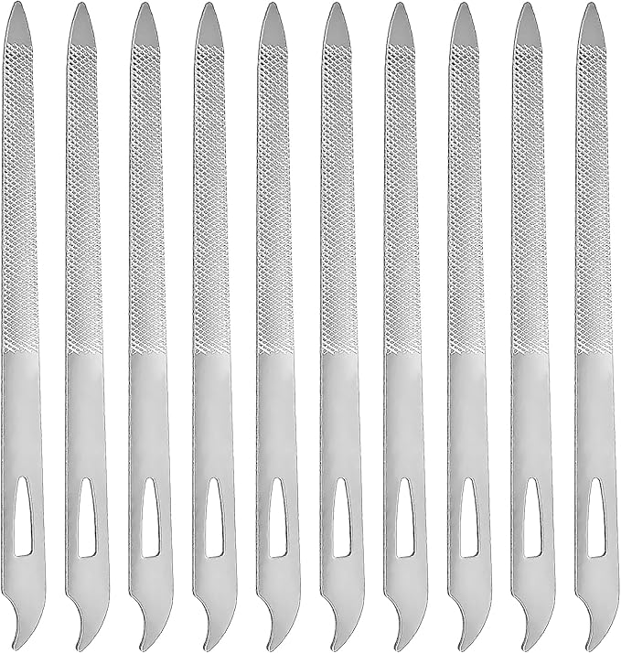 10-Pack Metal Nail Files for Natural Nails - Stainless Steel, Thin, Durable with Curved Sharp Pointed Tip, Double-Sided Manicure and Pedicure Tools