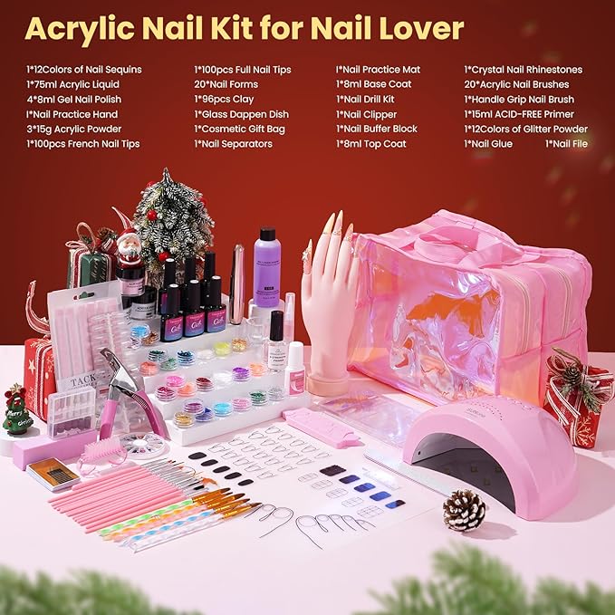 Nail Kit for Beginners with Everything: Practice Hand Acrylic Nail Kits Professional U/V Lamp Powder Drill Liquid Starter Set with Gel Polish in Cosmetic Gift Bag for Women Salon Home(Holo Pink)