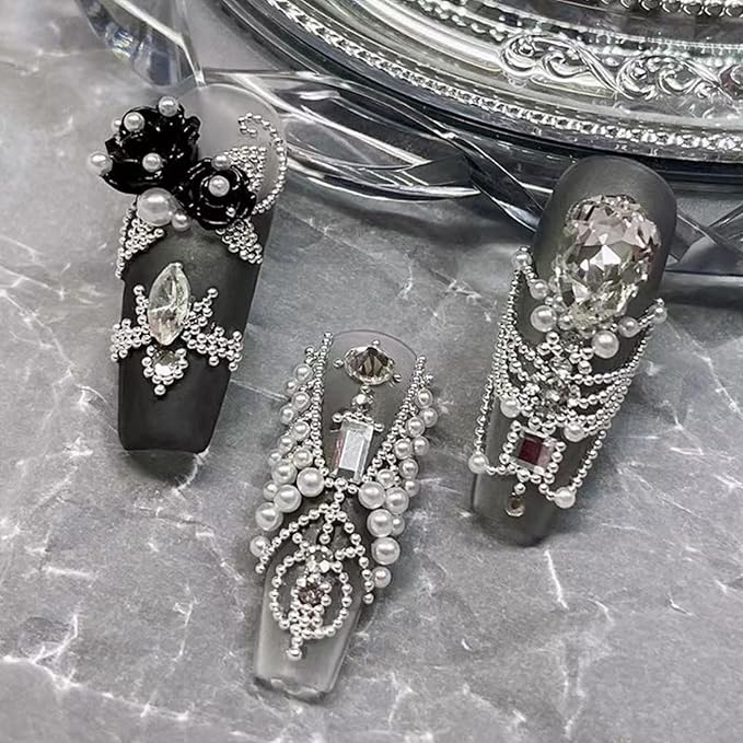 3D Nail Caviar Beads for Nail Art Metal Mini Nail Ball Beads Nail Studs DIY Decorations Accessories (White K and Silver)