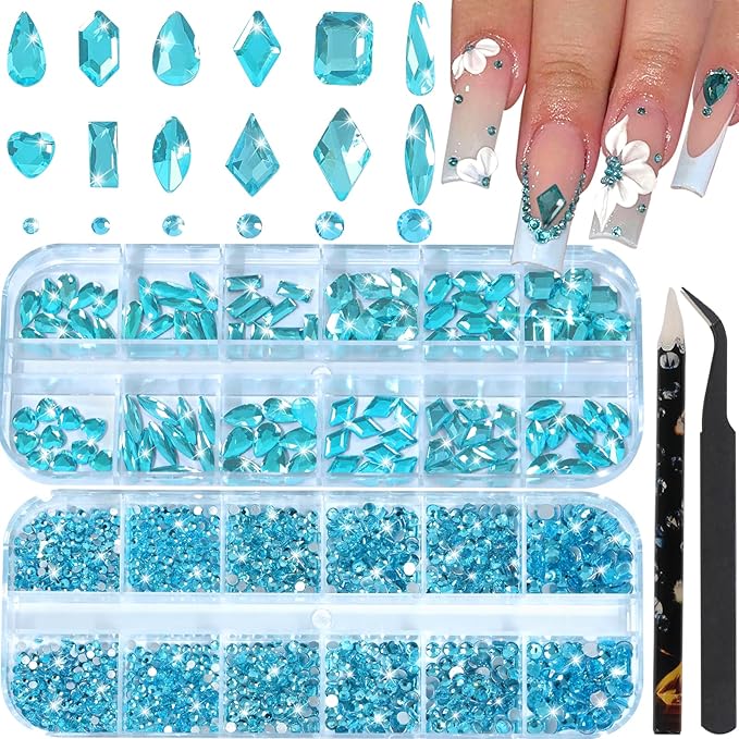 HNUIX Nail Rhinestones - 3D Multi Shape Size Crystal, Aquamarine Nail Gems, Flat Back, with Kit, for Nail Art, DIY Decorations