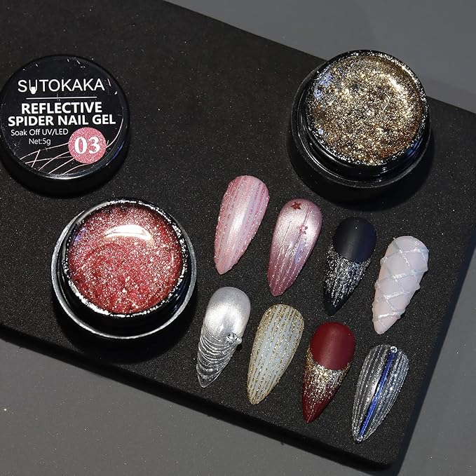 Reflective Glitter Spider Gel, 4 Colors Sparkle Diamond Sliver Gold Pink Elastic Spider Gel Polish, Nail Designs Paint Wire Drawing Gels Polish for Line DIY Manicure Home or Salon Use