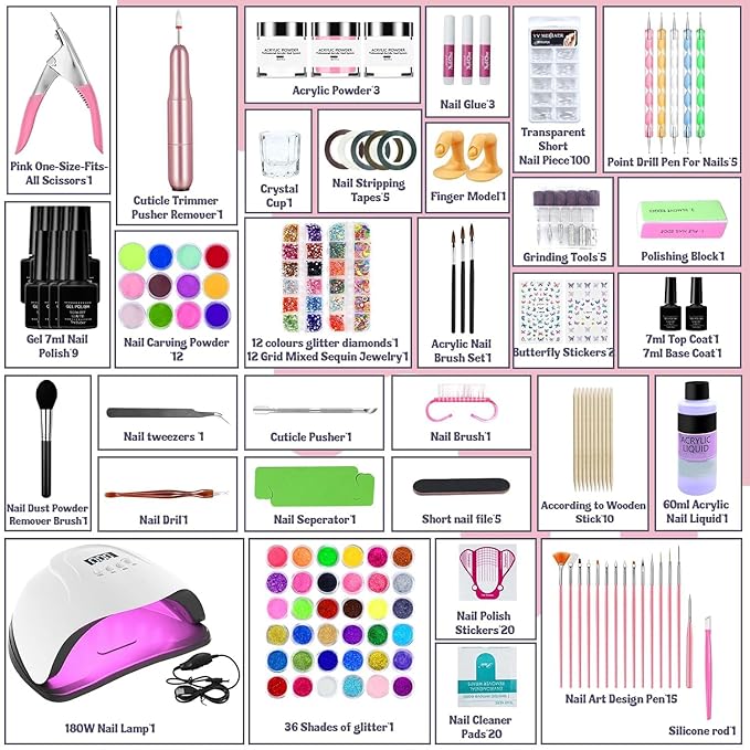 Acrylic Nail Kit,Professional Multicolor Acrylic Nails Powder Nail Starter Kit Decoration Tools with Everything UV Light for Beginners