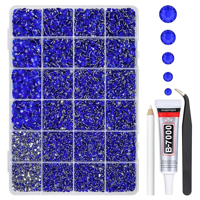 Dark Blue Crystal Resin Rhinestones w B7000 Glue for Bedazzling Crafting 2mm-6mm Sapphire Flatback Stones Diamonds Crystals Gems Bedazzler Kit for Nails Face Eyes Makeup Tumblers Bottles Crafts