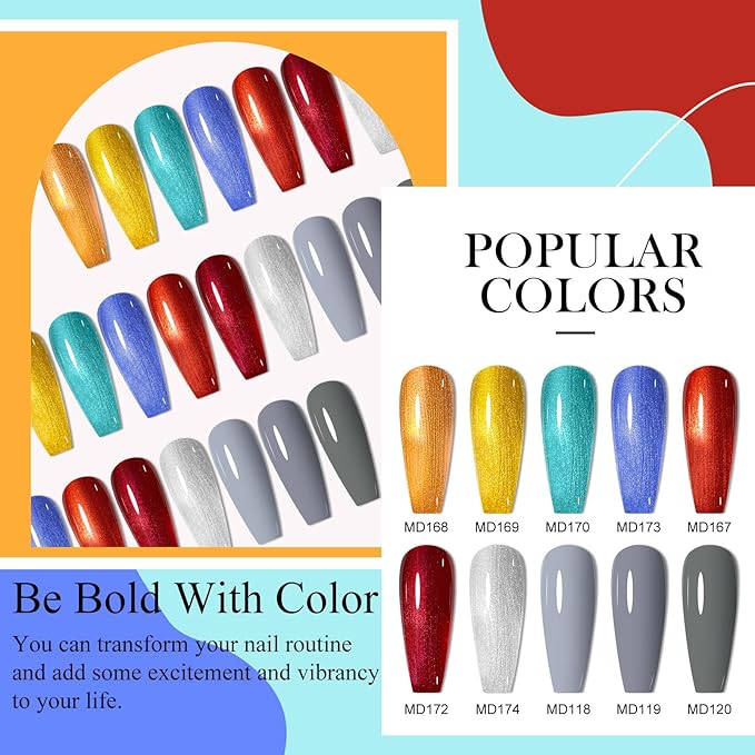 12PCS Metallic Gel Nail Polish Set Orange Blue Red Nail Polish Kit Metallic Effect Gel Gray Nude Gel Polish Set Manicure Kit 10 Colors 8ml