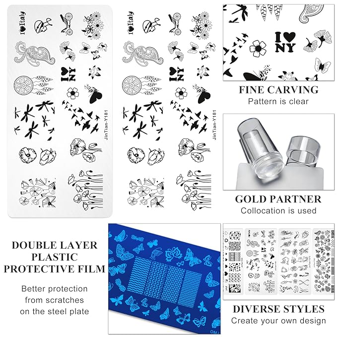 7pc Nail Stamping Plate Kit Butterfly Flower Heart Nails Stamp Plate Animal Nail Art Template Stencil Fingernail Polish Stamps Plates Set Silicone Stamper Scraper French Tips Nails Design Tools