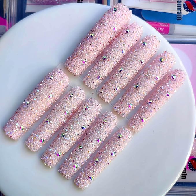 Xxl Press on Nails Extra Long Square Handmade Press-on Nails with Design Full Rhinestone Press Ons for women 10pcs M Size Pattern 1110
