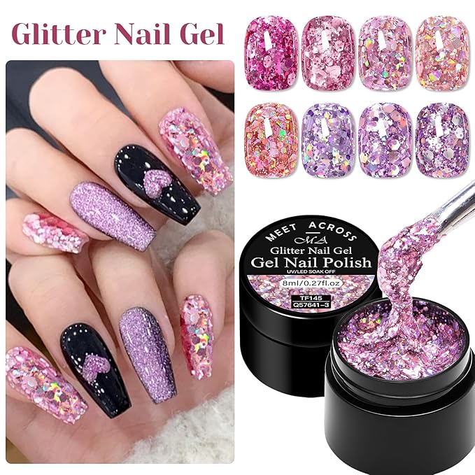 MEET ACROSS 9Pcs Glitter Sequins Gel Nail Polish Sparkly Shiny Pink Purple Gel Polish Set with 1Pc Nail Brush Nail Gel Nail Art Manicure Salon Kit 8 Colors