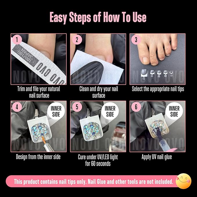 NOVO OVO Clear Press on Toenails, Toe Nail Press ons for Women, White French Tip Sharp Square Pre-Designed Soft Gel Thick False Toenail Extension, Full Cover Acrylic for DIY x 15 Sizes 150 pcs