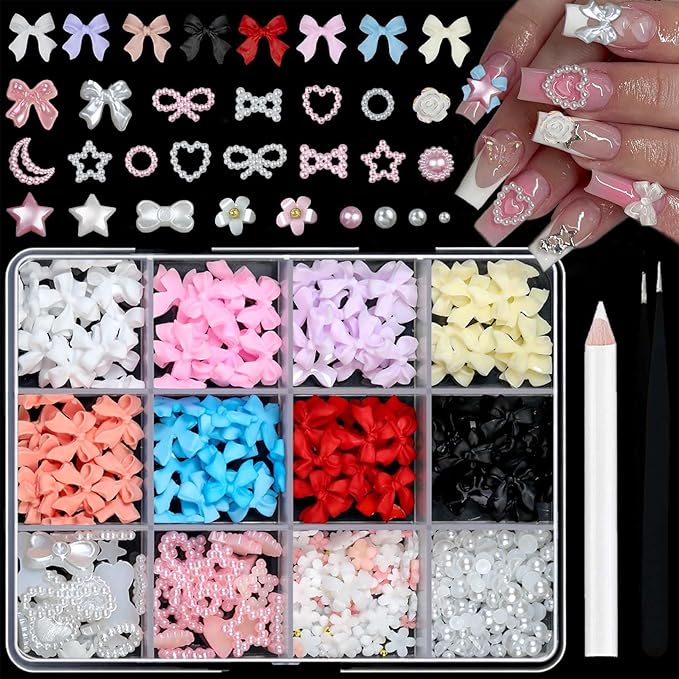 3D Nail Charms and Gems Kit Cute Colorful Bows for Nails Heart Moon Star Pearl Nail Charms with Picker Tools Kawaii Nail Art Charms for Nails Design Supplies Junk Cases DIY Decor Accessories