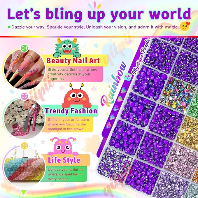 28 Grids Mystique Purple 2mm-6mm Resin Rhinestones w B7000 Glue for Bedazzling Crafting Colorful Flatback Stones Diamonds Crystals Gems Bedazzler Kit for Nails Face Eyes Makeup Tumblers Crafts