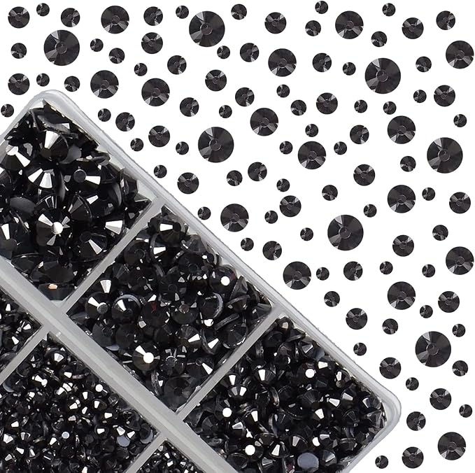 4000Pcs Mixed Size Hot Fix Round Crystals Gems Glass Stones Hotfix Flat Back Rhinestones (Hematite Black)