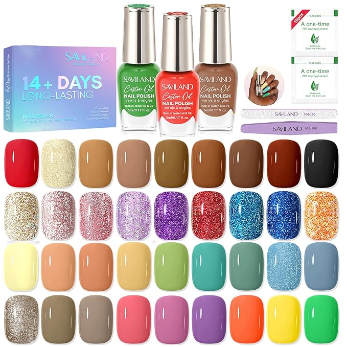 SAVILAND 36 Colors Nail Polish Set Quick Dry: Brown Black Glitter Locked X Tech Regular Nail Polish Kit Fingernail Polish with Top Base Polish Coat 39 Pcs Winter Gift for Christmas