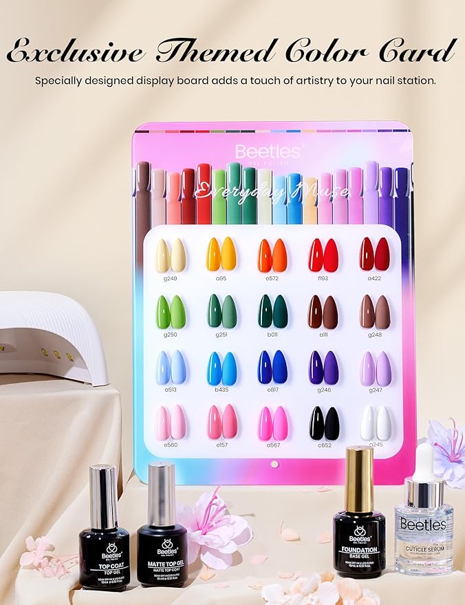 beetles Gel Polish Set - Everyday Muse Collection, 20 Colors 15ml Pink Yellow Blue Spring Colors Gel Set with Base Top Coat Trendy Colors Uv LED Lamp Salon DIY at Home Nails Gifts for Women