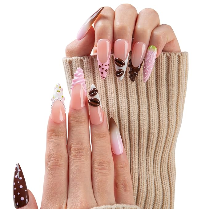 LOVFUL Short French Tip Press on Nails Cocoa Treat| Handmade Acrylic Press ons| Reusable Fake False Nails | Stiletto Classic Regular 1.3in | H737-M