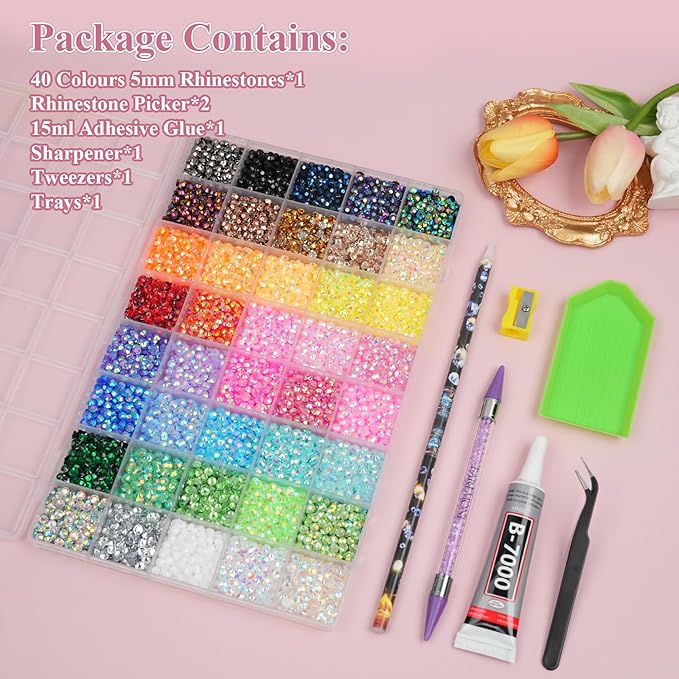 Resin Jelly Rhinestones for Bedazzling, EARLMONI Multi Colord Bedazzler Kit with 15ml B7000 Glue Rhinestone Pen Tool for Clothes Nail Art (40 Colors, 5MM)