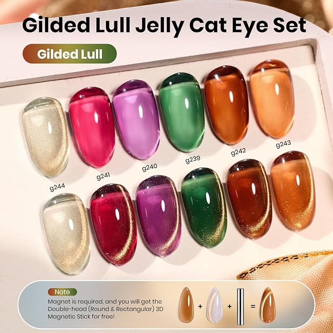 Beetles Gilded Lull Cat Eye Gel Nail Polish Set - 6 Colors Jelly Red Green Brown Purple Silver Cat Eye Glitter Gel Nail Kit Gold Powder Magnetic Soak Off UV Salon DIY Manicure Christmas Gift for Women