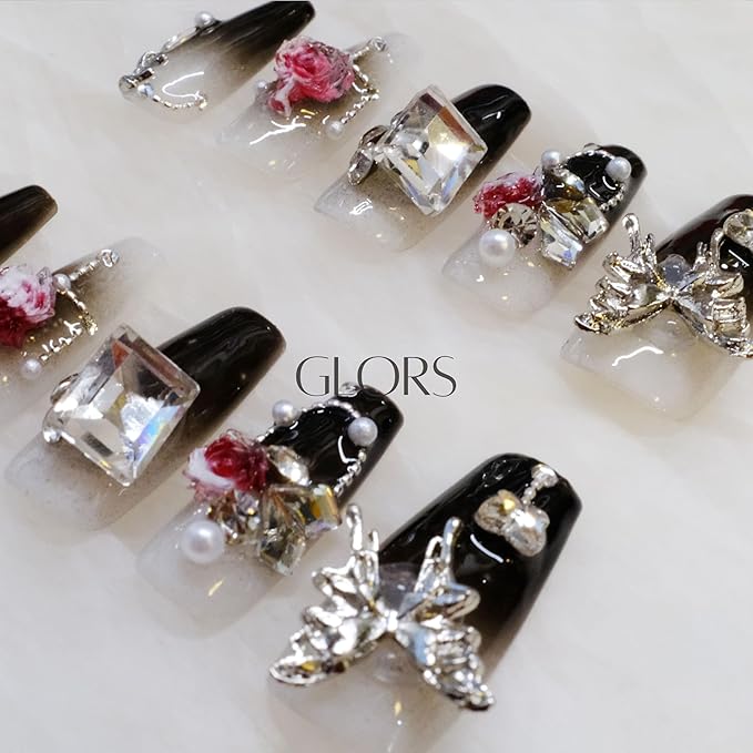 Handmade Press On Nails, Long Coffin Style, Black with 3D Butterfly and Rose Design, 10 Pieces (Medium,LB)