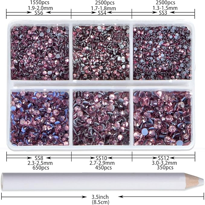 NCB Hotfix Iron on 8000pcs Crystal Rhinestones Round Gem for Crafts Decoration DIY Jewelry Making with a Picking Pen (Lt. Amethyst, 6Sizes SS3-SS12)