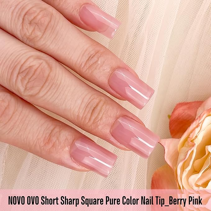 NOVO OVO Short Sharp Square Nail Tips Press on Pure Color BERRY PINK, Need Builder Gel Top Coat Nail Glue, Soft Gel Matte Fake Nail Extension, Full Cover False Nails for Salon DIY x 15 Sizes 240 pcs