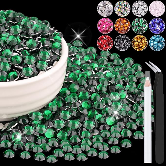 1500PCS 6mm Resin Rhinestones Bulk for Crafting (Dark Green), Flatback Bedazzling Crystals for Crafts DIY Nail Decoration, Gems Charms for Tumbler Shoes Clothing Fabric with Pickup Pen and Tweezers