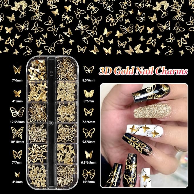 3 Boxes Gold Nail Beads Pearls, Butterfly Bows Alloy Nails Charms Studs, Bowknot Bow Tie Nail Art Jewels, Mix Size Half Round Pearls Carviar Nail Beads Charms Rhinestones for Nails Design DIY Craft