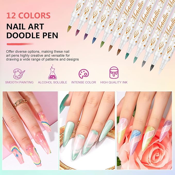 12 Colors Nail Art Pens Set - Metallic Color, 3D Nail Polish Pens Quick-Drying Acrylic Paint Markers For Nail Art Drawing Painting Nail Point Dotting Liner Pen, Nail Design Kit Manicure Salon DIY