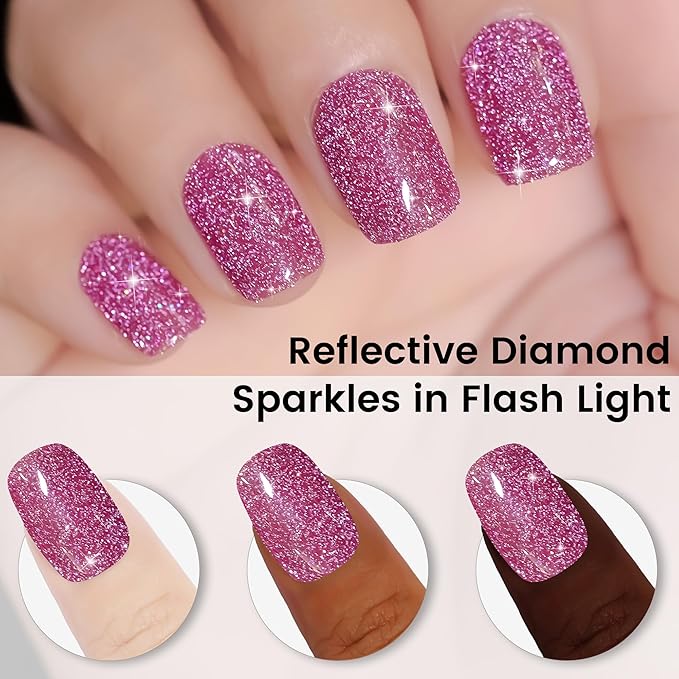YTD Likomey Colorful Reflective Glitter Gel Nail Polish,15ml Pink Purple Flash Diamond Shimmer Nails Gel,Sparkly Shiny Salon Home Fall Winter Manicure Bright Plum UV Varnish,SZ396