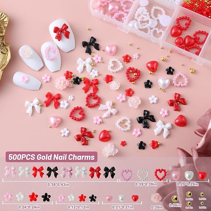 3D Nail Charms and Gems with Bows, Hearts, Rose, Flowers Pearls and More Than 500 Rhinestones for Nails Design, Cute Y2K 3D Nail Decorations