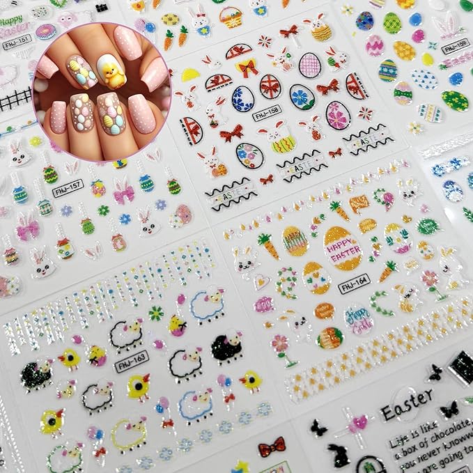 30 Sheets Easter Nail Stickers Green Flower Nail Art Stickers Self-Adhesive with Rabbit Easter Eggs Designs Nail Decals for Women Cute Nails Supplies