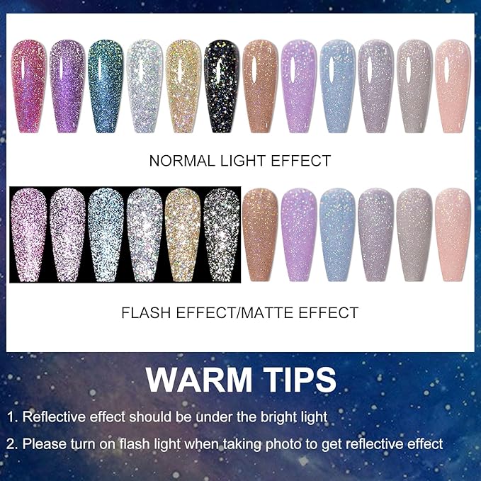 MTSSII Gel Polish Reflective Glitter Gel Nail Polish Set, 12 Colors Holographic Sparkle Glitter Gel, Flash Diamond Sliver Gold Black Red UV LED Soak Off Manicure Kit Gift for Women Girls