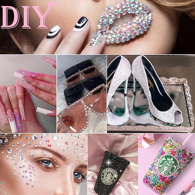 Canvalite 1500PCS Pink Rhinestones Flat Back Gems, Nail Rhinestones Nail Art Gems with Pick Up Tweezers and Rhinestone Picker Dotting Pen, Nail Art Tools for Nails, Clothes, Face, Craft