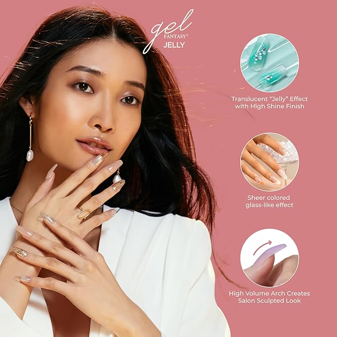 KISS Gel Fantasy Press On Nails, Nail glue included, 'Jelly Cookie', Pink, Long Size, Coffin Shape, Includes 28 Nails, 2g glue, 1 Manicure Stick, 1 Mini File