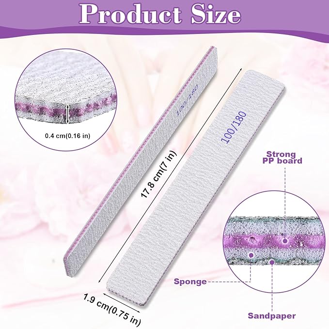 Xinnun 150 Pcs Nail Files 100/180 Grit Double Sides Professional Reusable Emery Board Nail Files for Acrylic Manicure Tools Suit for Home Salon
