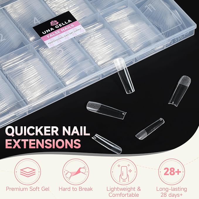 UNA GELLA Nail Tips Sqaure Extra Long Tapered Sqaure Nail Tips 504pcs XXL Clear Fake Nails Full Cover Square Gel Tips for Acrylic Nails Tips for Press on Nail Extensions Home DIY Salon 12 Sizes