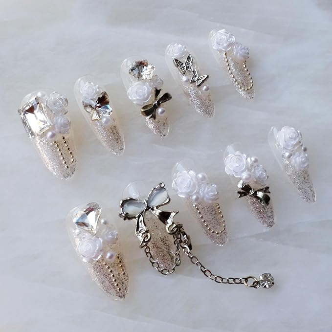Luxury Long Almond Press-On Nails, 3D White Roses with Silver Glitter, Pearl and Rhinestone Decorations, Handmade False Nail 10 Pieces (Medium, LS)
