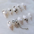 Luxury Long Almond Press-On Nails, 3D White Roses with Silver Glitter, Pearl and Rhinestone Decorations, Handmade False Nail 10 Pieces (XS, LS)