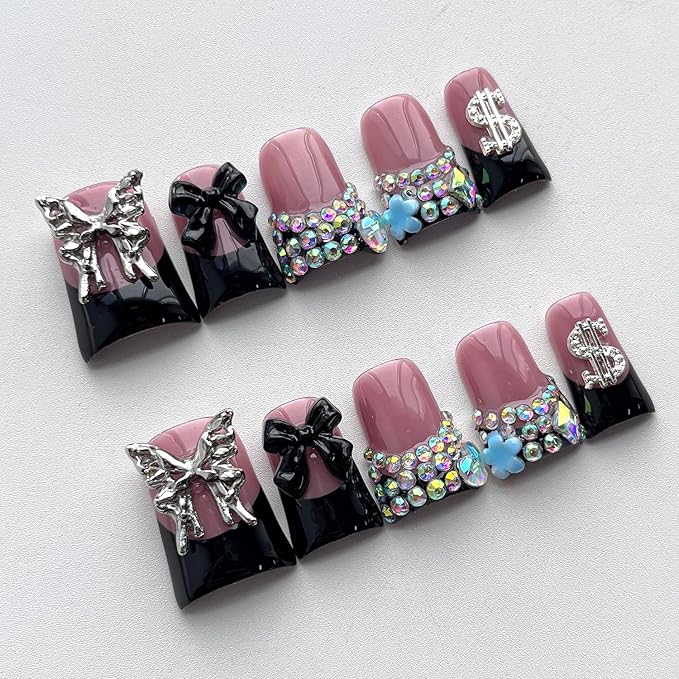 French Tip Press on Nails Handmade Short Duck 3D Flower Thick Acrylic Nails Black False Nails with Bow Rhinestones Butterfly Designs Cool Glossy Fake Nail Sturdy Art Press on Nail 10Pcs(M)
