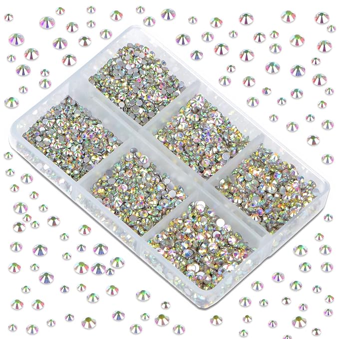 LPBeads 6000 Pieces Clear AB Non Hotfix Rhinestones 6 Sizes Round Crystal Glass Flat Back Rhinestones with Tweezers and Picking Pen for Nail Art Crafts Clothes Bags DIY