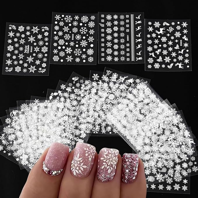 30 Sheet Christmas Nail Art Stickers with 3D Self-Adhesive Snowflake Design for Winter Nail Decals and Elk Themed Art. White Design for Women