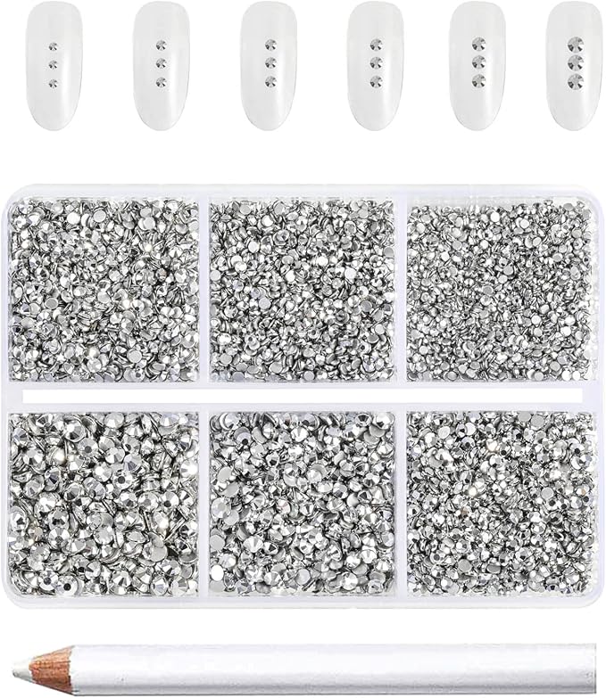 Beadsland 7200pcs Flatback Rhinestones,Silver Rhinestone Nail Gems Round Crystal Rhinestones for Crafts,Mixed 6 Sizes with Wax Pencil Kit, SS3-SS10,Silver Hematite