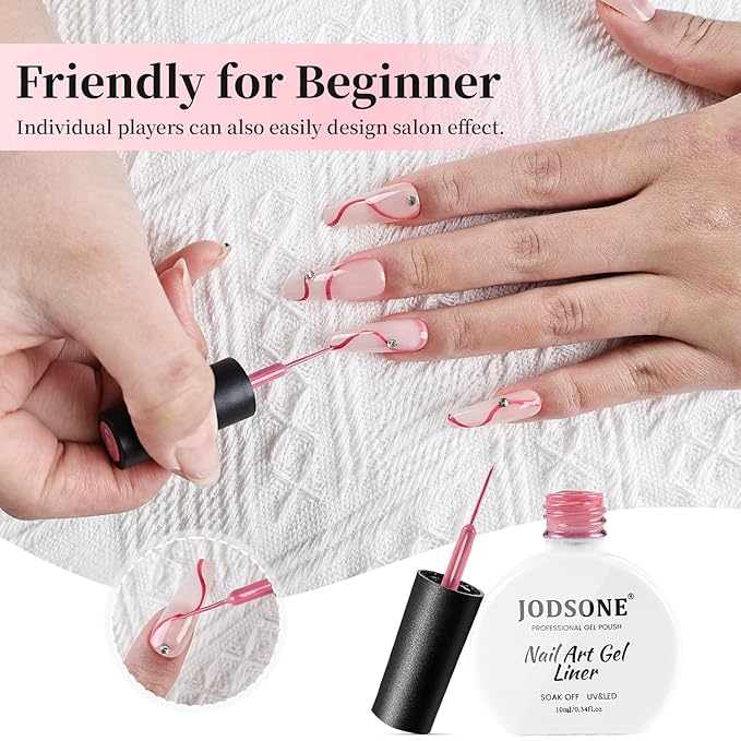 JODSONE Pink Swirl Nail Art Liner Gel Polish,10ml Classic Color 3D Nail Art Pens Effect Nail Print Design with Thin Brush for French Tips Manicure Painting DIY at Home - LB24
