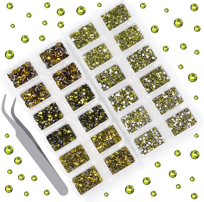10000 Pieces Rhinestones 6 Sizes Round Crystal Glass Flat Back Rhinestones with 1Tweezers and 1Picking Pen for Nail Art Crafts Clothes Bags DIY (Olivine)