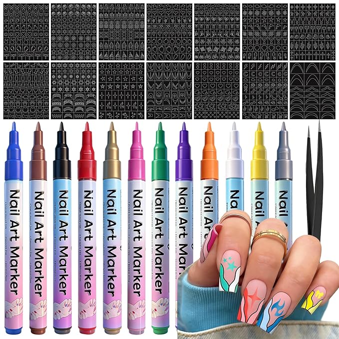 Nail Art Stencils Pens, 12 Nail Art Pens Markers + 14 Sheets Nail Stencils Cute Heart Butterfly Flowers Star Nail Stickers for Women Girl, Flexible Brush Tip, Bright Colors, DIY Nails Art Design Tools