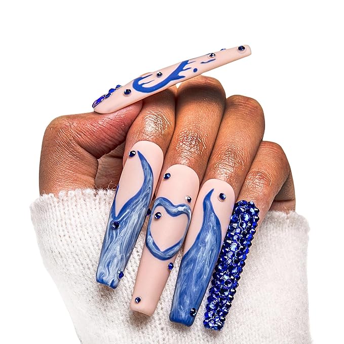 LOVFUL Press on Nails Sapphire Romance | Handmade with Full Covered Crystals | Reusable Full Cover Nails | Coffin Long 2.2 in | H249-S