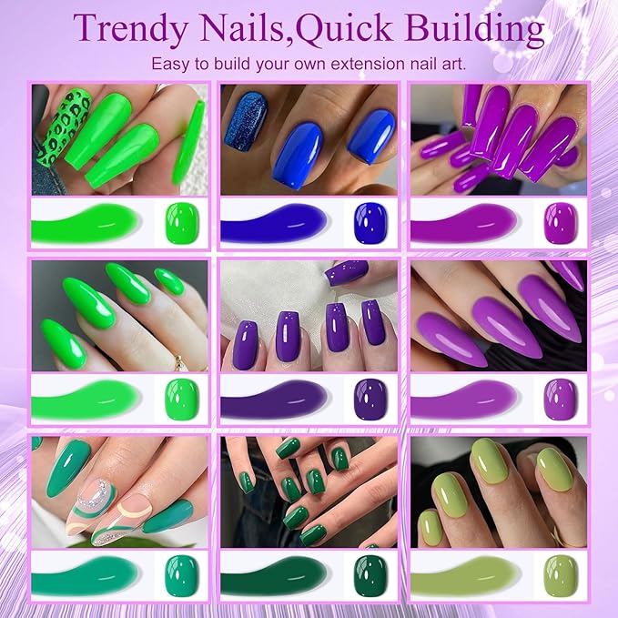 MTSSII 15Pcs Gel Nail Polish Set 6 Colors Gel Polish + 3Pcs Poly Gel Set Blue Purple Green Poly Nail Gel Set with Base Top Coat, Dual-Ended Brush Nail Art Salon DIY at Home