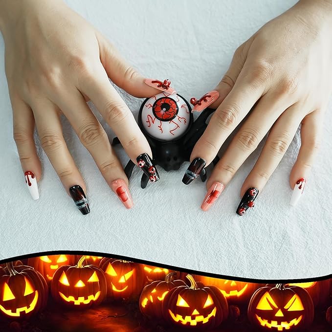 Handmade Press on Nails Long Coffin - 3D Eyeballs with Red Drops Design, Multi-Layer Gel Acrylic Nails for Parties, Halloween (Vampire Eyes,M)