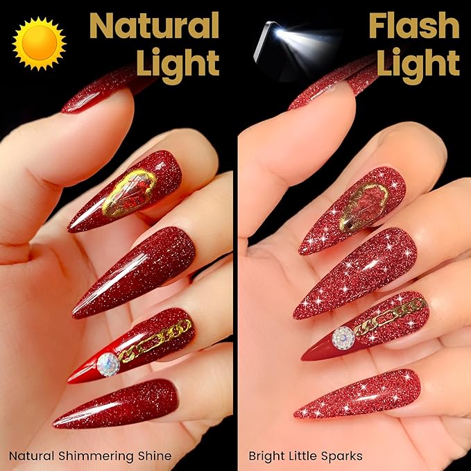YTD Likomey Reflective Glitter Gel Nail Polish,15ml Red Flash Diamond Shimmer Nails Gel,Sparkly Shiny Salon Home Fall Winter Manicure UV Color Varnish,SZ001