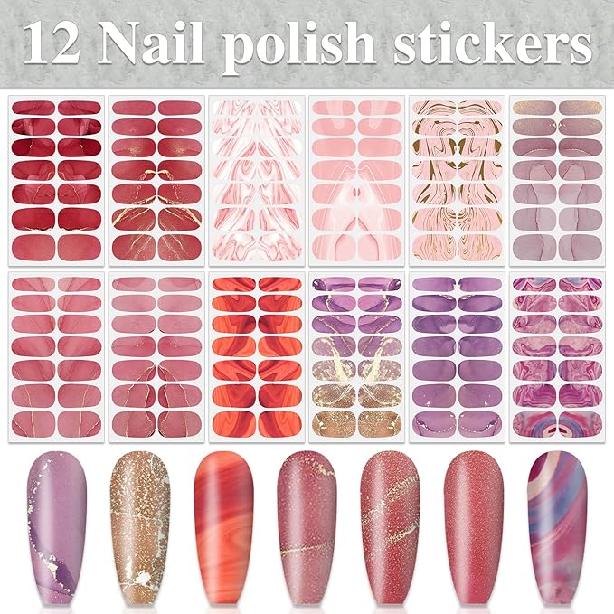 WOKOTO 12 Sheets Red Pink Color Gel Nail Polish Strips Gradient Nail Stickers Full Wraps with File Stick On Nails Gel Wraps for Nail Art Wraps Nail Polish Stickers for Women